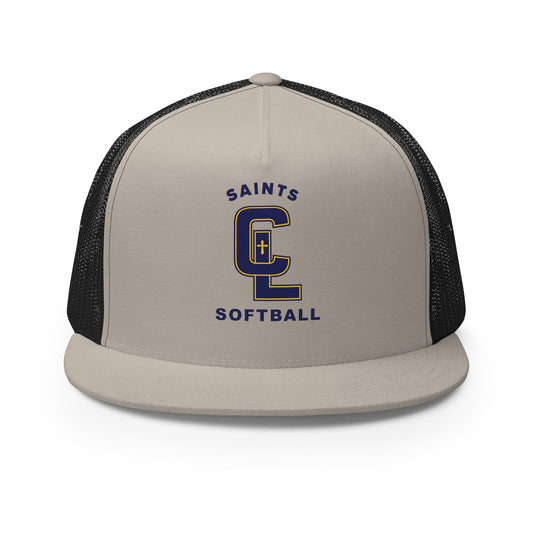 Performance | 5 Panel Trucker Cap | Crean Lutheran Softball | Navy CL Softball Logo