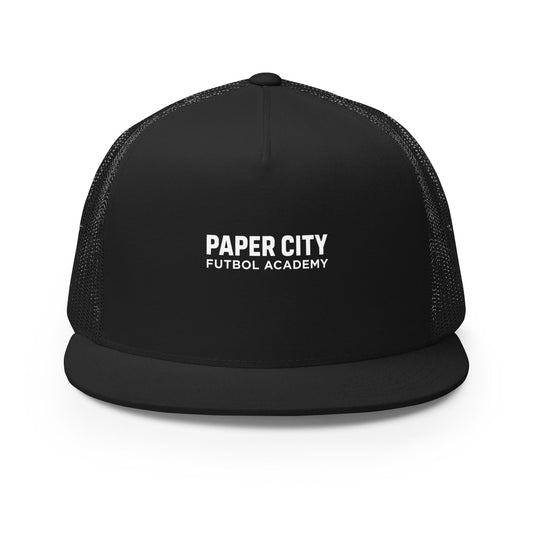 Performance | 5 Panel Trucker Cap | Paper City Futbol Academy | Vanguard Shield Logo