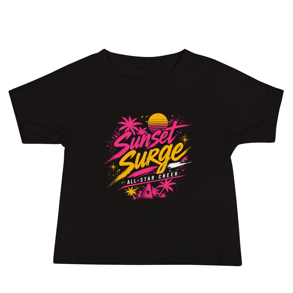 Performance | Baby T-Shirt | Sunset Surge All-Star Cheerleading | Neon Palm Cheer Logo