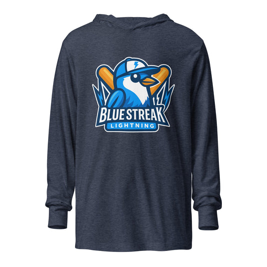 Performance | Hooded Long Sleeve T Shirt | Blue Streak Lightning | Mascot Logo