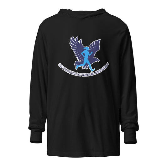 Performance | Hooded Long Sleeve T Shirt | Bowdoinham Rebel Runners | Aerial Runner Emblem Logo