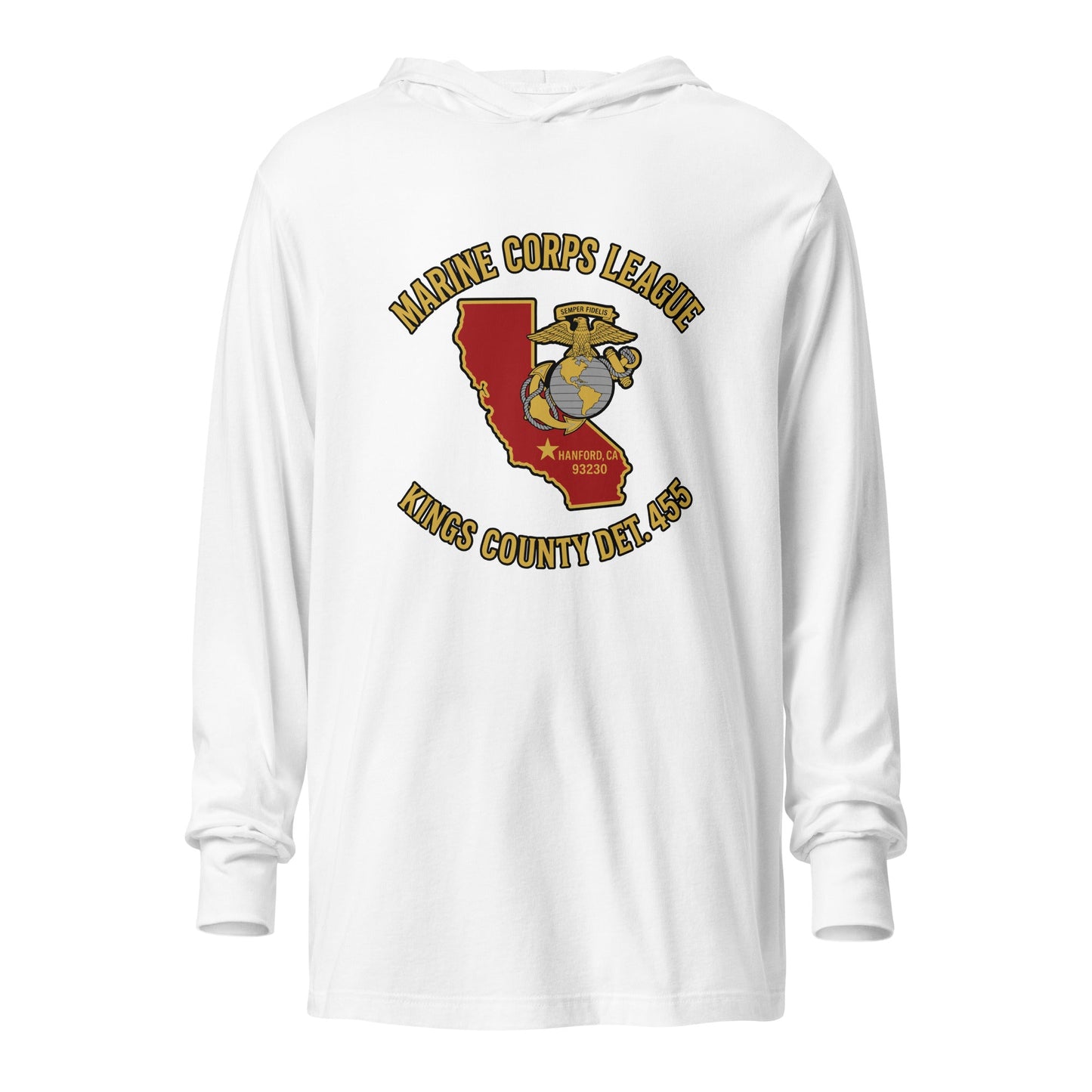Performance | Hooded Long Sleeve T Shirt | Marine Corps League kings County Det 455 | Crest Logo