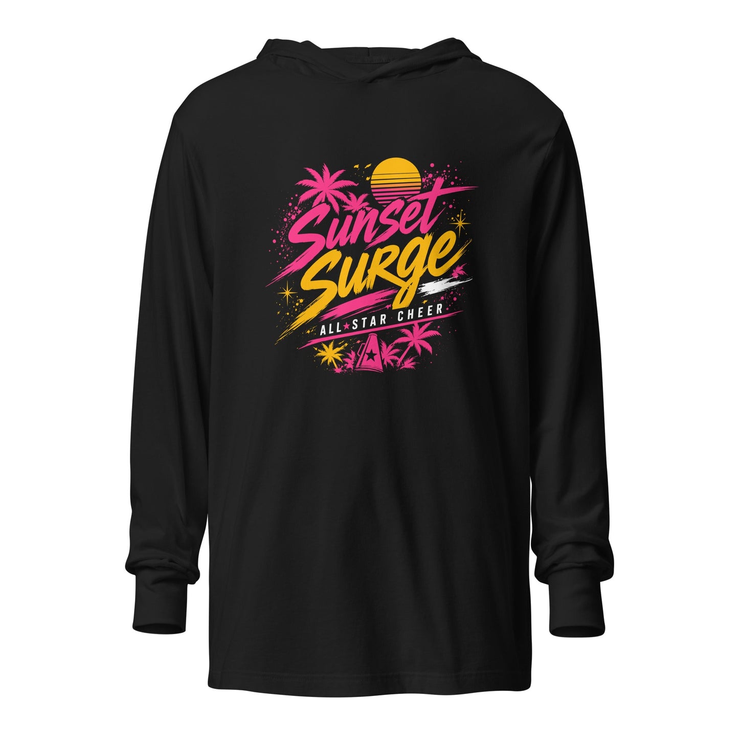 Performance | Hooded Long Sleeve T Shirt | Sunset Surge All-Star Cheerleading | Neon Palm Cheer Logo