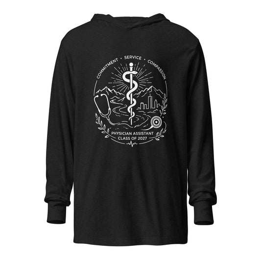 Performance | Hooded Long Sleeve T Shirt | Trine PA program | Crest Logo