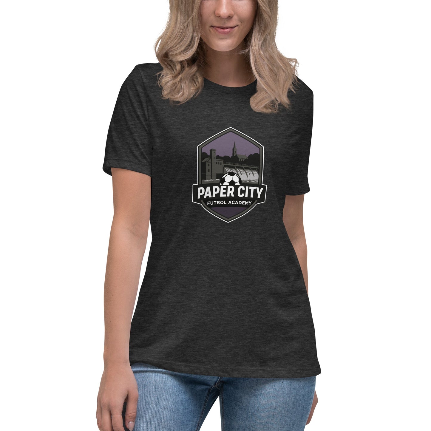 Performance | Women's Relaxed T Shirt | Paper City Futbol Academy | Vanguard Shield Logo