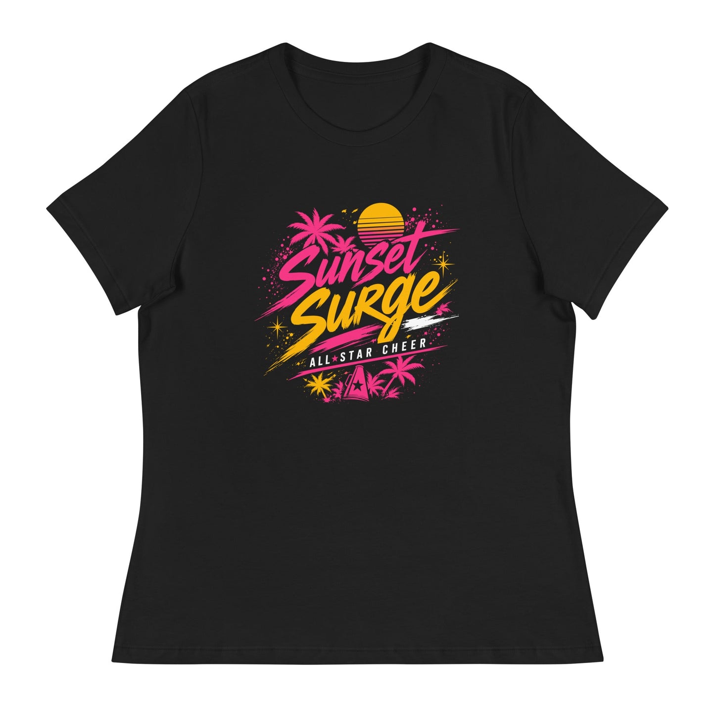 Performance | Women's Relaxed T Shirt | Sunset Surge All-Star Cheerleading | Neon Palm Cheer Logo