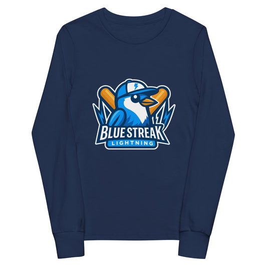Performance | Youth Long Sleeve T-Shirt | Blue Streak Lightning | Mascot Logo