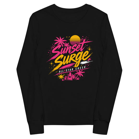 Performance | Youth Long Sleeve T-Shirt | Sunset Surge All-Star Cheerleading | Neon Palm Cheer Logo