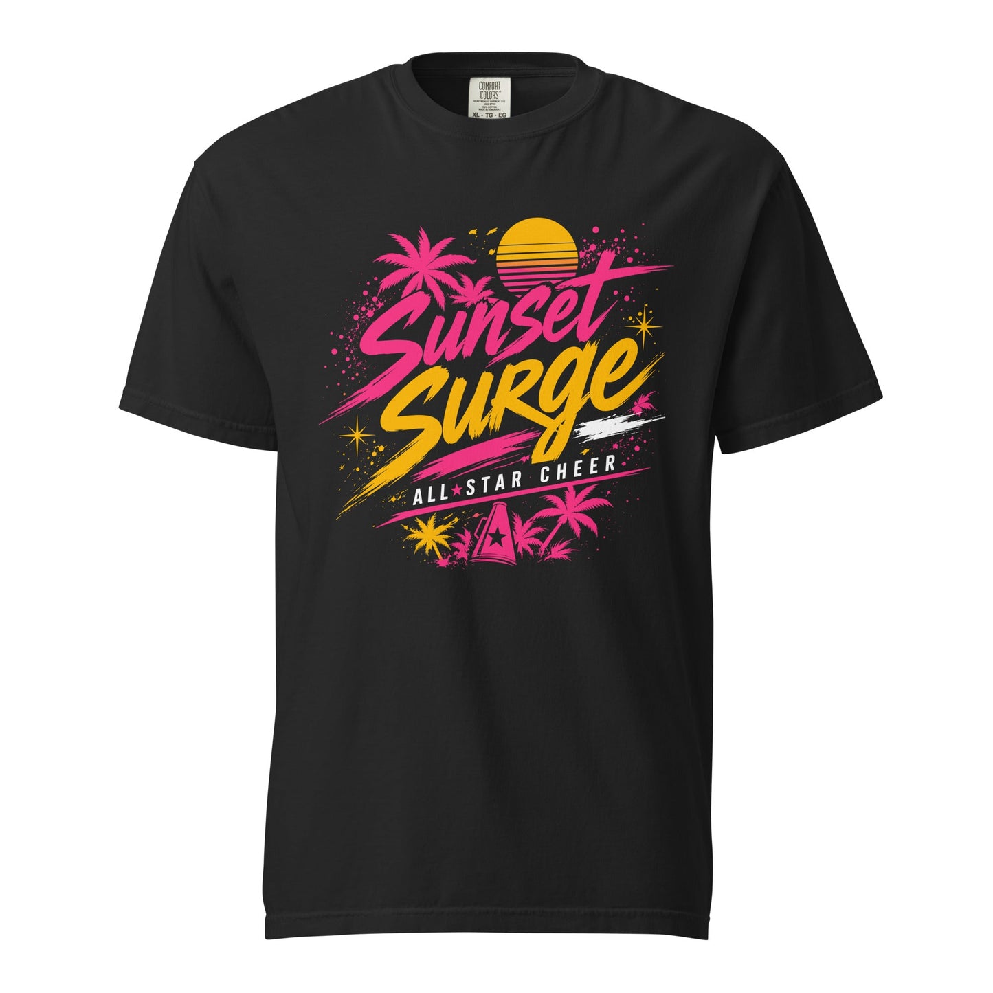 Signature | Comfort Colors T-Shirt | Sunset Surge All-Star Cheerleading | Neon Palm Cheer Logo