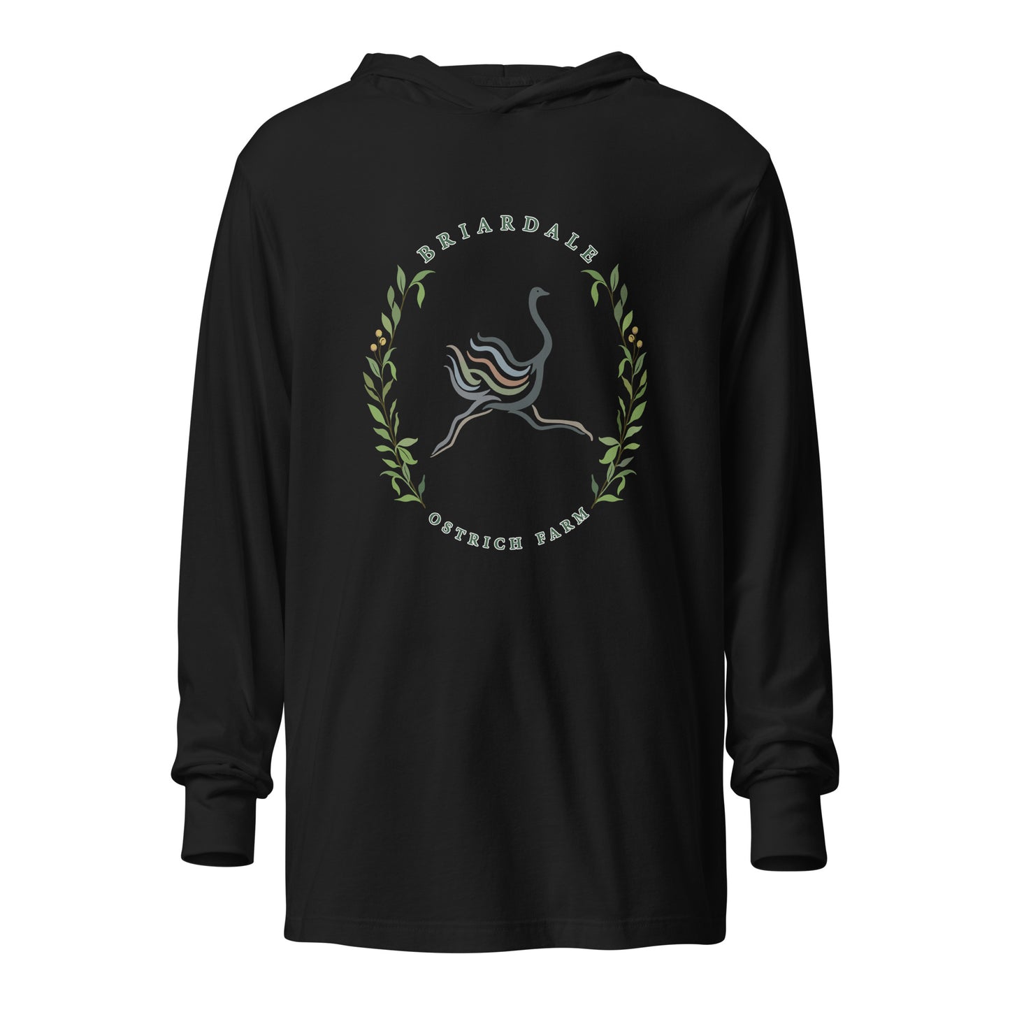 Performance | Hooded Long Sleeve T Shirt | Briardale Ostrich Farm | Crest Logo