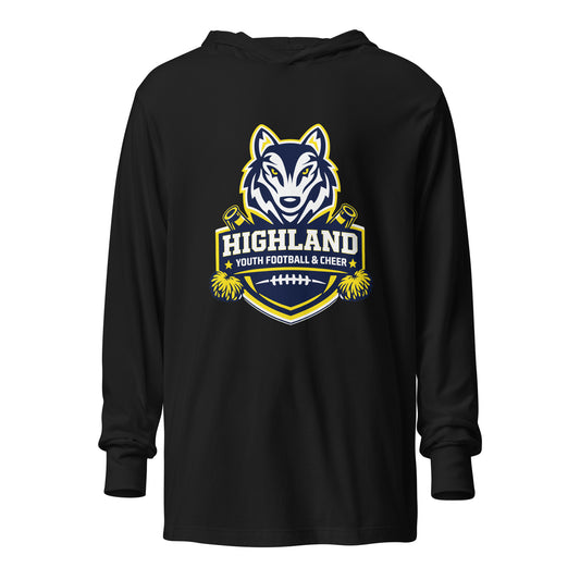 Performance | Hooded Long Sleeve T Shirt | Highland youth football and cheer | Emblem Logo