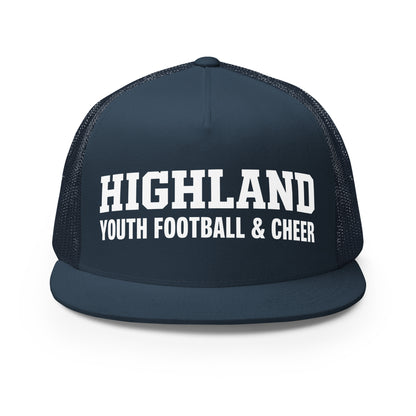 Performance | 5 Panel Trucker Cap | Highland youth football and cheer | Emblem Logo