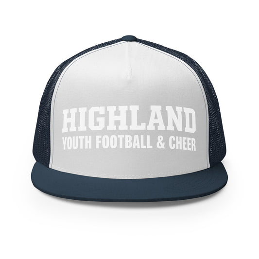 Performance | 5 Panel Trucker Cap | Highland youth football and cheer | Emblem Logo