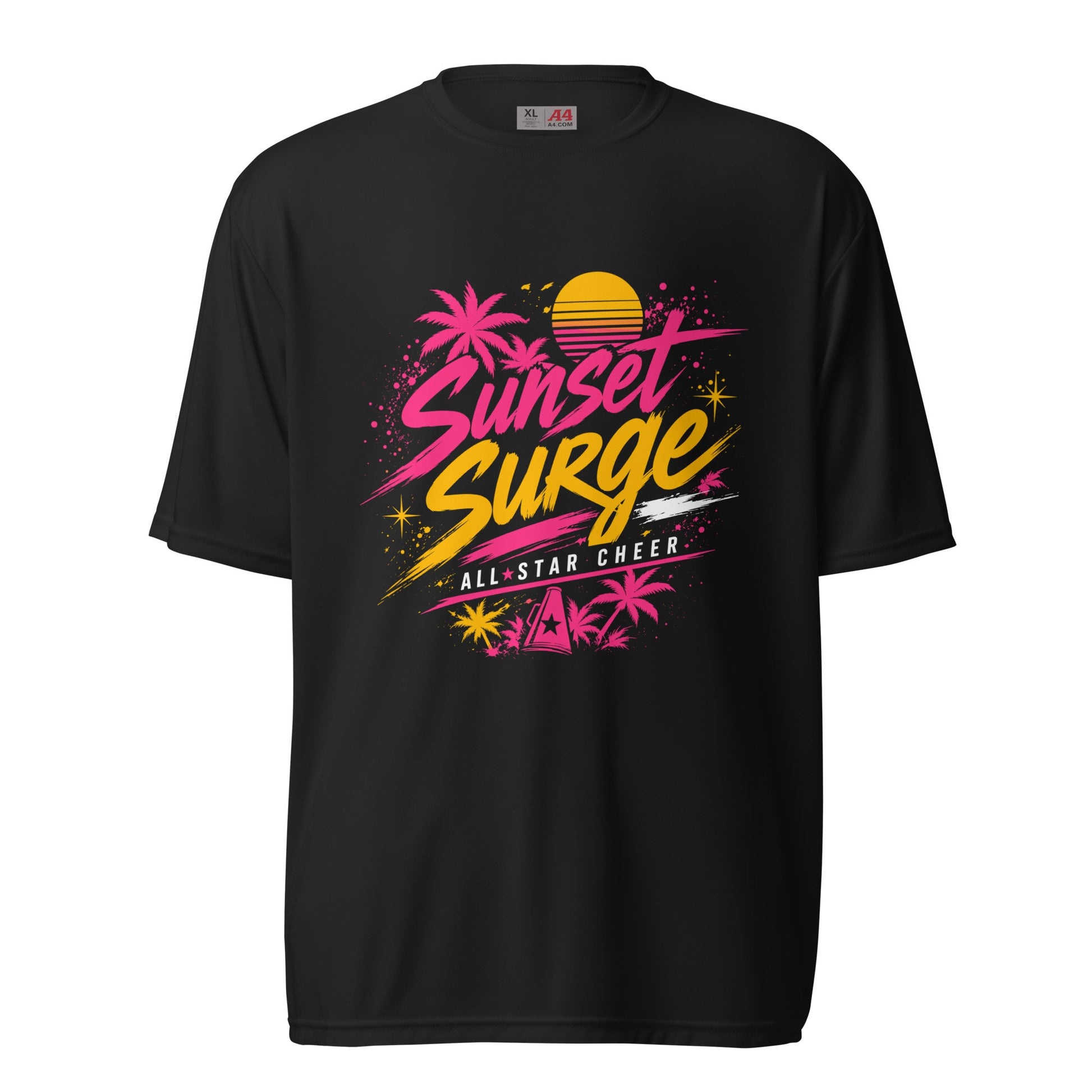 Active | Moisture Wicking Shirt | Sunset Surge All-Star Cheerleading | Neon Palm Cheer Logo