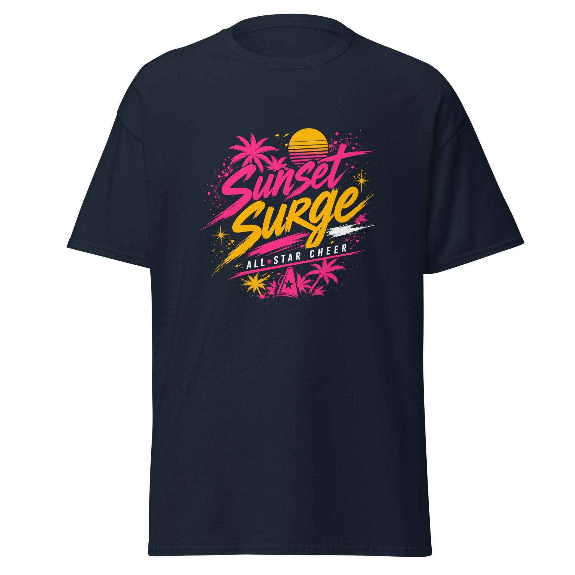 Classic | T-Shirt | Sunset Surge All-Star Cheerleading | Neon Palm Cheer Logo