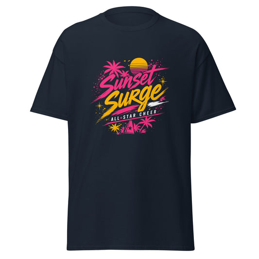 Classic | T-Shirt | Sunset Surge All-Star Cheerleading | Neon Palm Cheer Logo