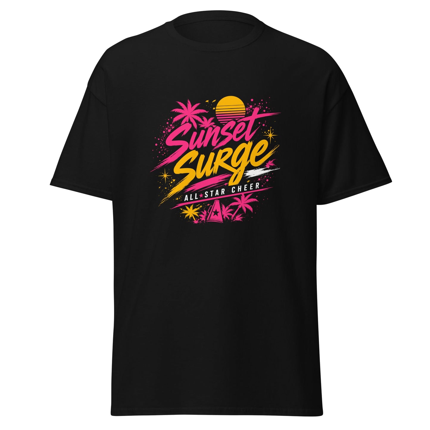 Classic | T-Shirt | Sunset Surge All-Star Cheerleading | Neon Palm Cheer Logo