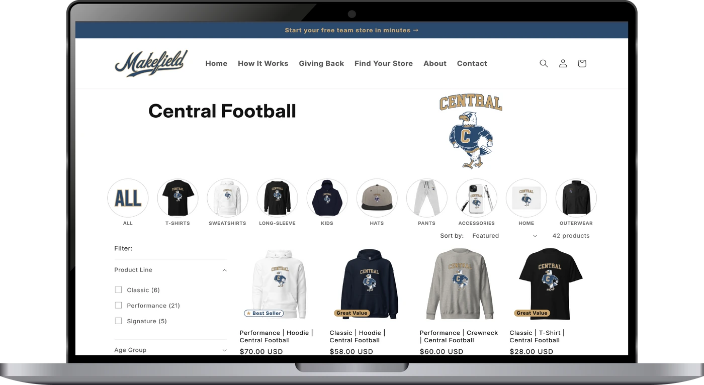 Central Football demo store on a laptop