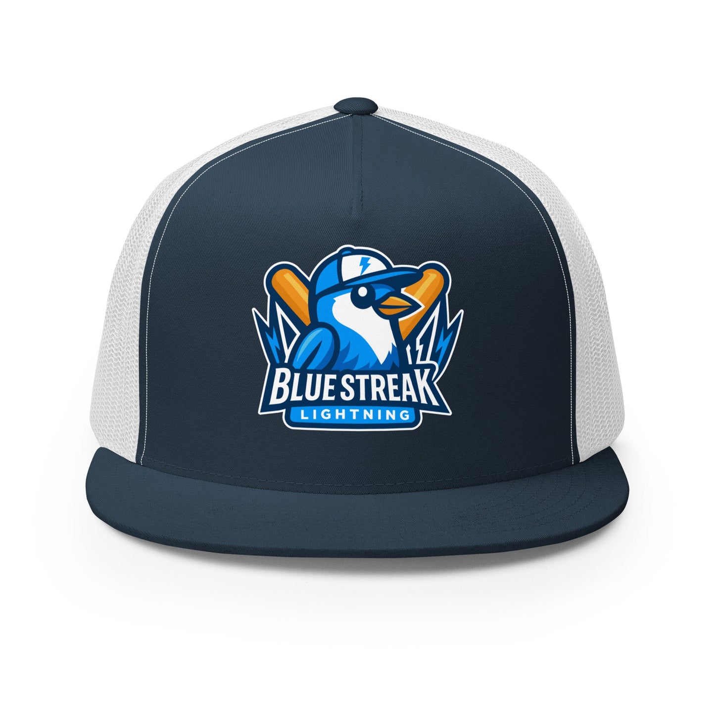 Performance | 5 Panel Trucker Cap | Blue Streak Lightning | Mascot Logo