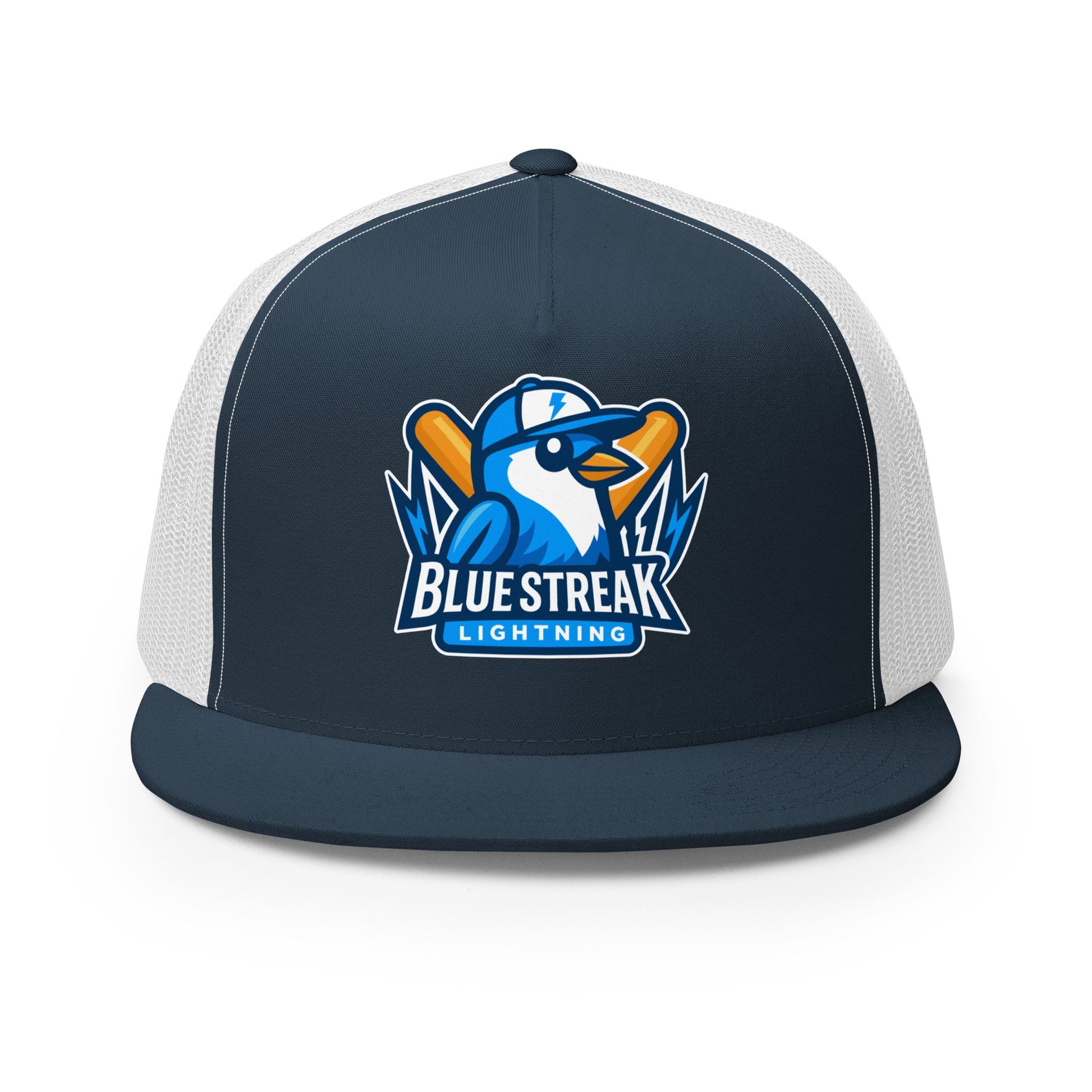Performance | 5 Panel Trucker Cap | Blue Streak Lightning | Mascot Logo