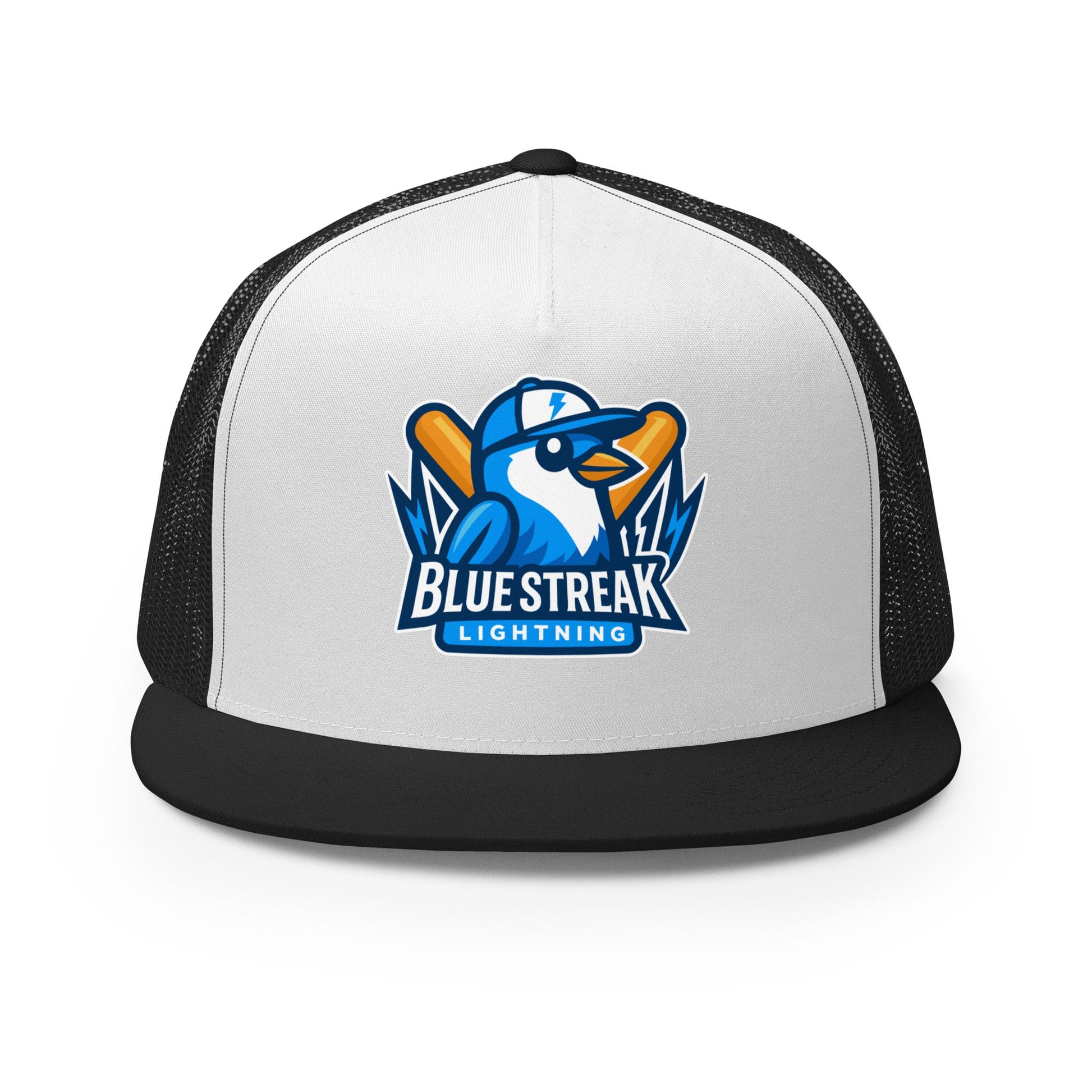 Performance | 5 Panel Trucker Cap | Blue Streak Lightning | Mascot Logo