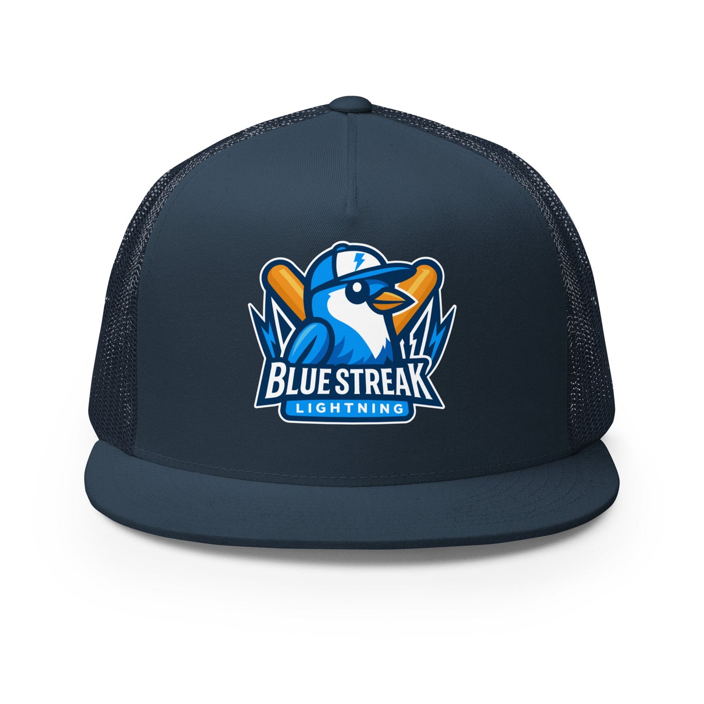 Performance | 5 Panel Trucker Cap | Blue Streak Lightning | Mascot Logo