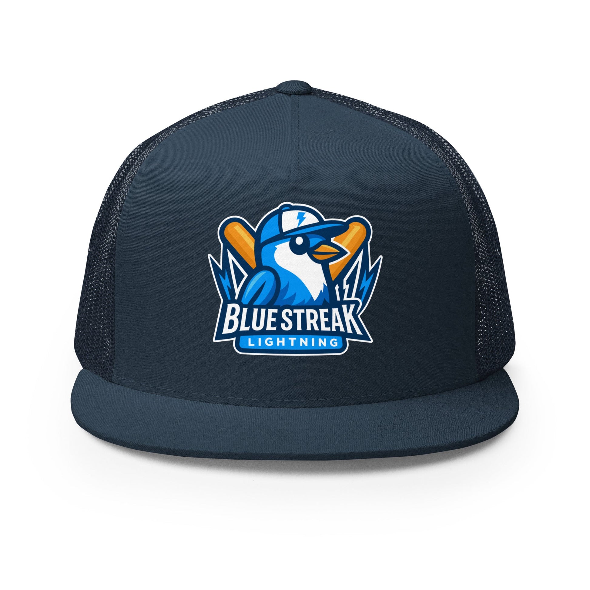 Performance | 5 Panel Trucker Cap | Blue Streak Lightning | Mascot Logo