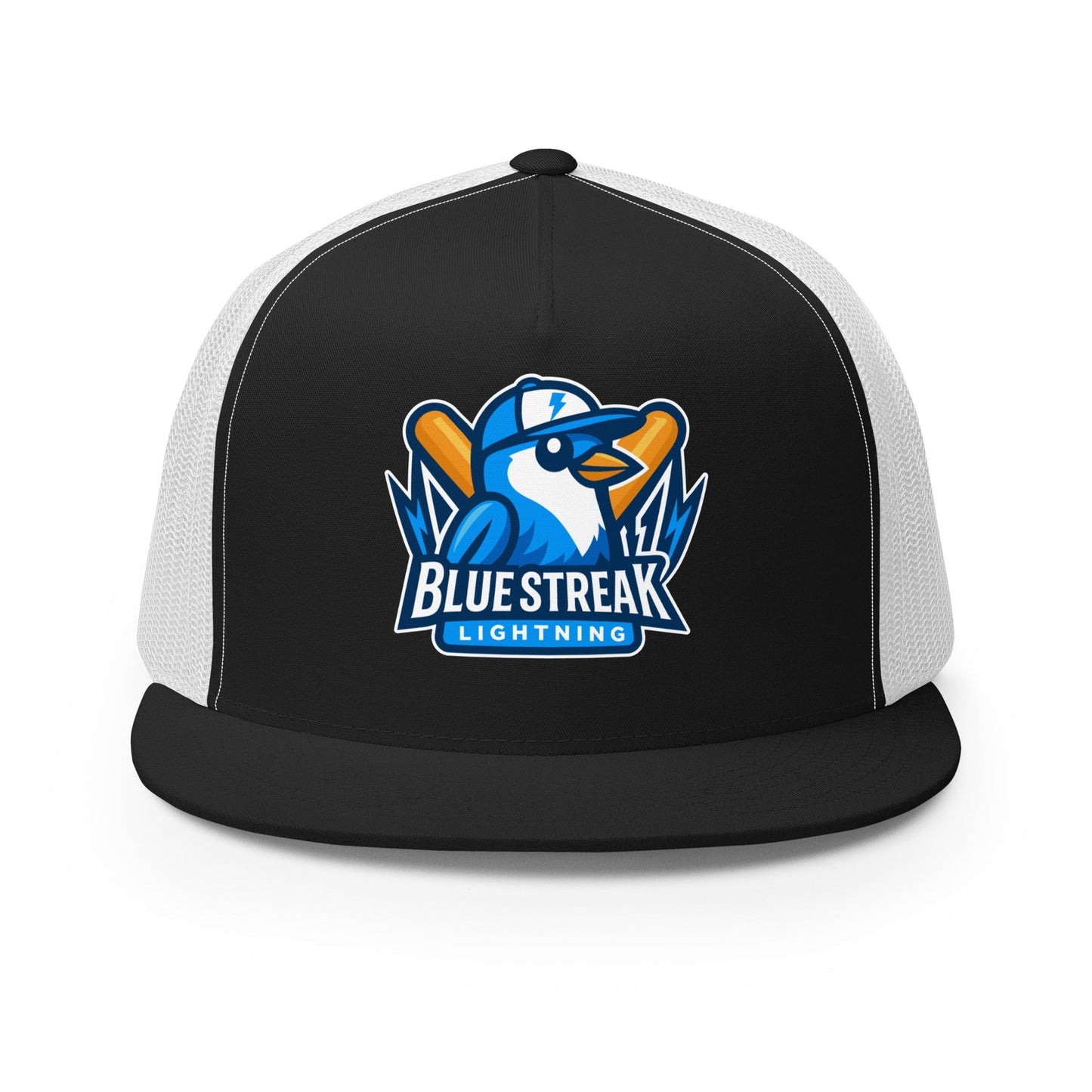 Performance | 5 Panel Trucker Cap | Blue Streak Lightning | Mascot Logo