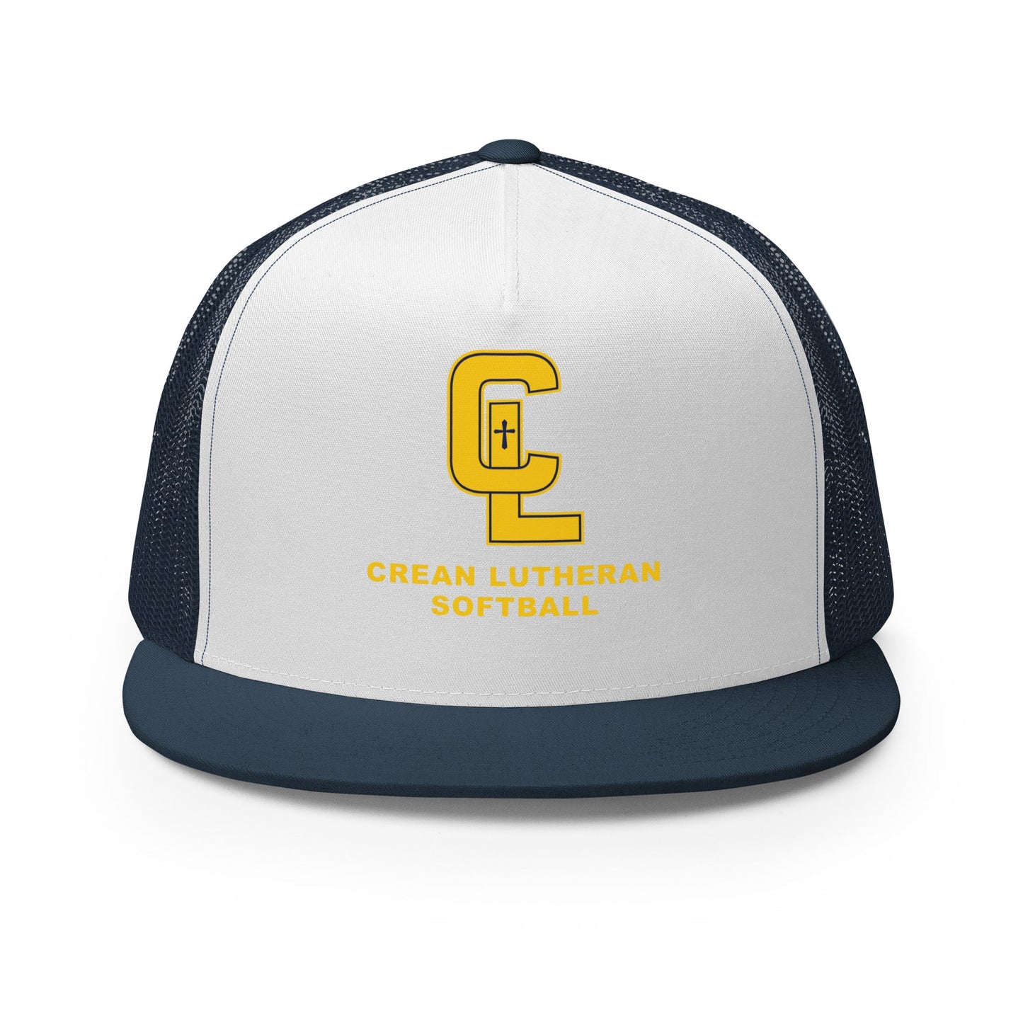 Performance | 5 Panel Trucker Cap | Crean Lutheran Softball | Gold CL Softball Logo