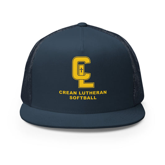 Performance | 5 Panel Trucker Cap | Crean Lutheran Softball | Gold CL Softball Logo