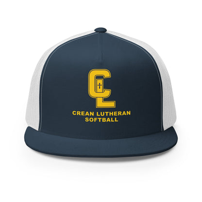 Performance | 5 Panel Trucker Cap | Crean Lutheran Softball | Gold CL Softball Logo
