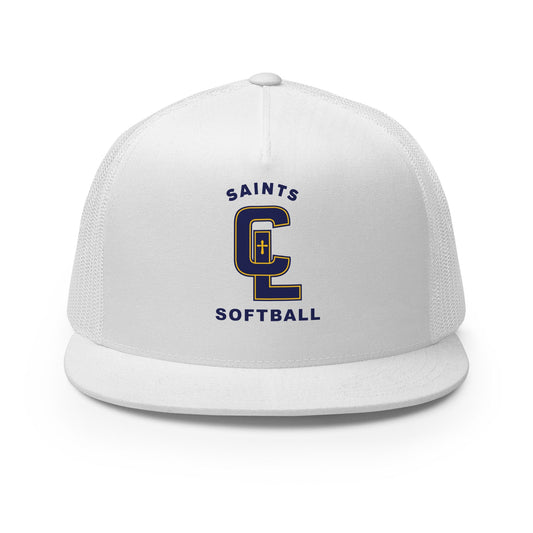 Performance | 5 Panel Trucker Cap | Crean Lutheran Softball | Navy CL Softball Logo