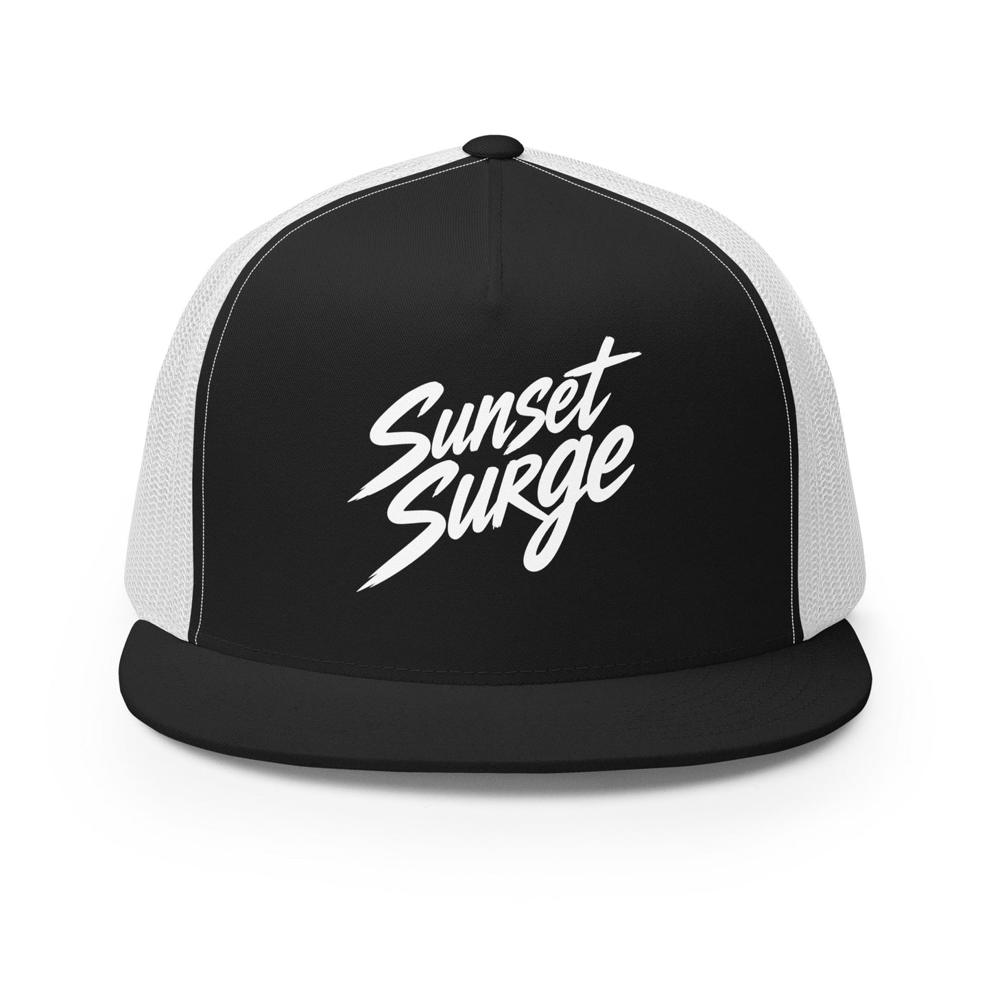 Performance | 5 Panel Trucker Cap | Sunset Surge All-Star Cheerleading | Neon Palm Cheer Logo