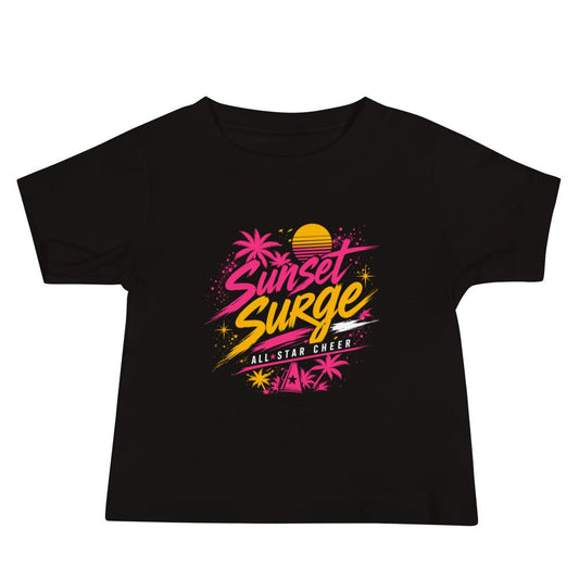 Performance | Baby T-Shirt | Sunset Surge All-Star Cheerleading | Neon Palm Cheer Logo