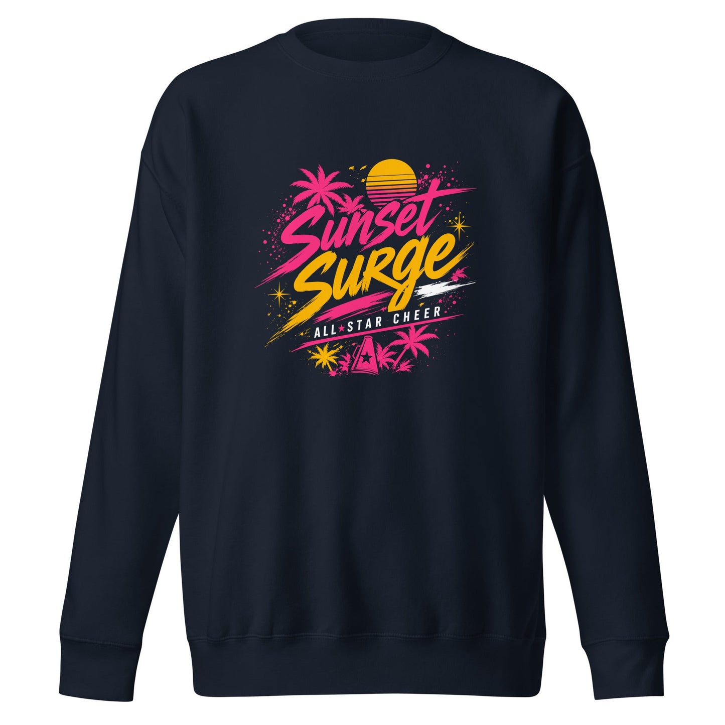 Performance | Crewneck | Sunset Surge All-Star Cheerleading | Neon Palm Cheer Logo
