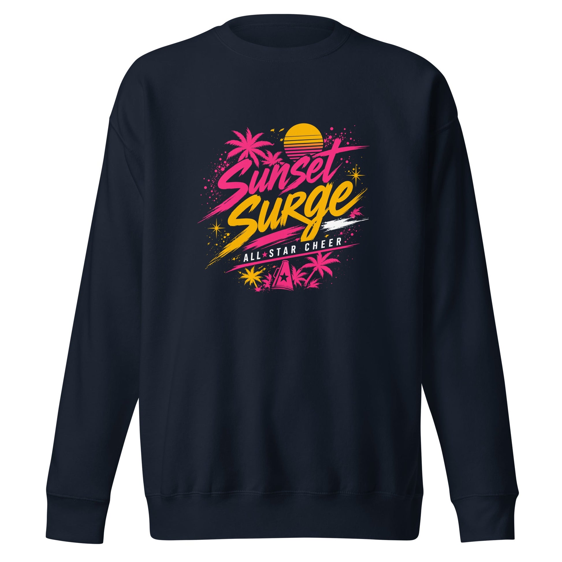 Performance | Crewneck | Sunset Surge All-Star Cheerleading | Neon Palm Cheer Logo