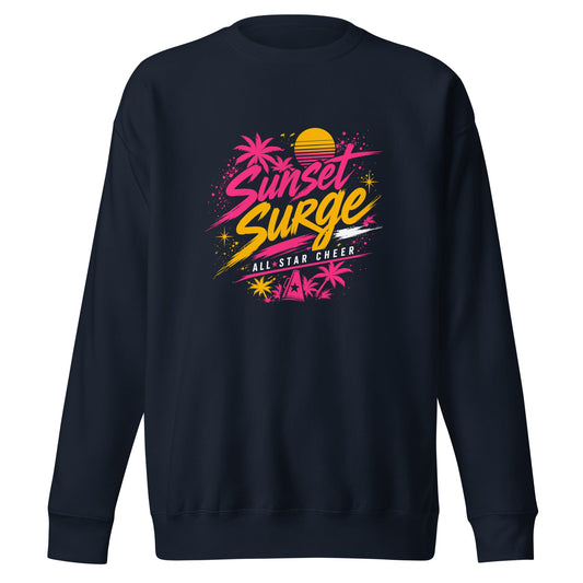 Performance | Crewneck | Sunset Surge All-Star Cheerleading | Neon Palm Cheer Logo