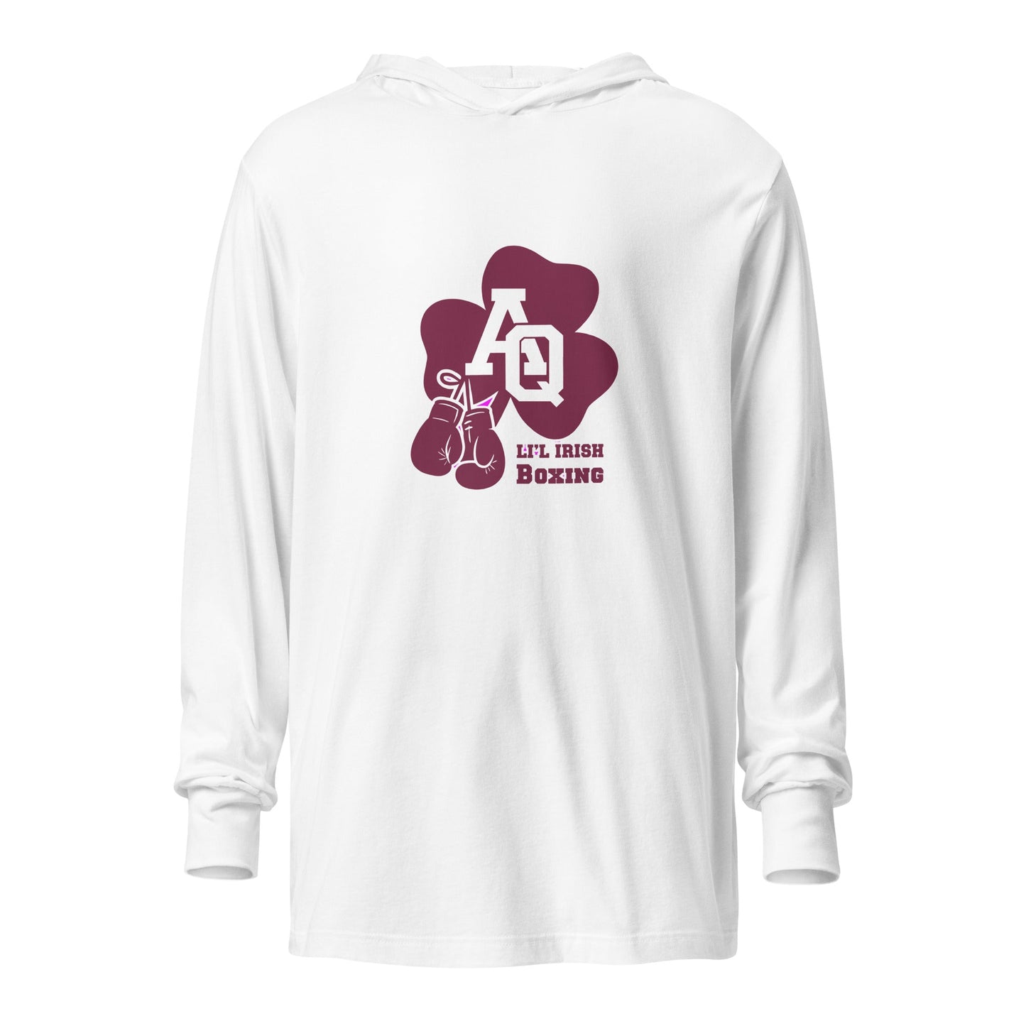 Performance | Hooded Long Sleeve T Shirt | Aquinas Li’l Irish Boxing | AQ Shamrock Logo