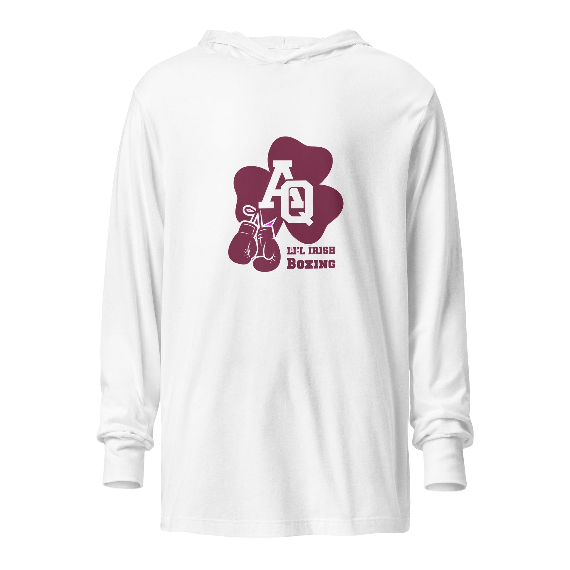 Performance | Hooded Long Sleeve T Shirt | Aquinas Li’l Irish Boxing | AQ Shamrock Logo