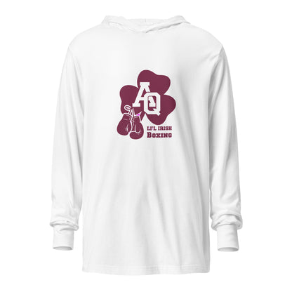 Performance | Hooded Long Sleeve T Shirt | Aquinas Li’l Irish Boxing | AQ Shamrock Logo