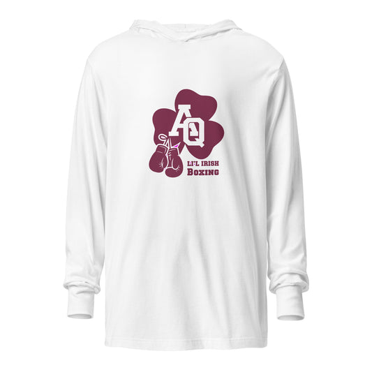 Performance | Hooded Long Sleeve T Shirt | Aquinas Li’l Irish Boxing | AQ Shamrock Logo