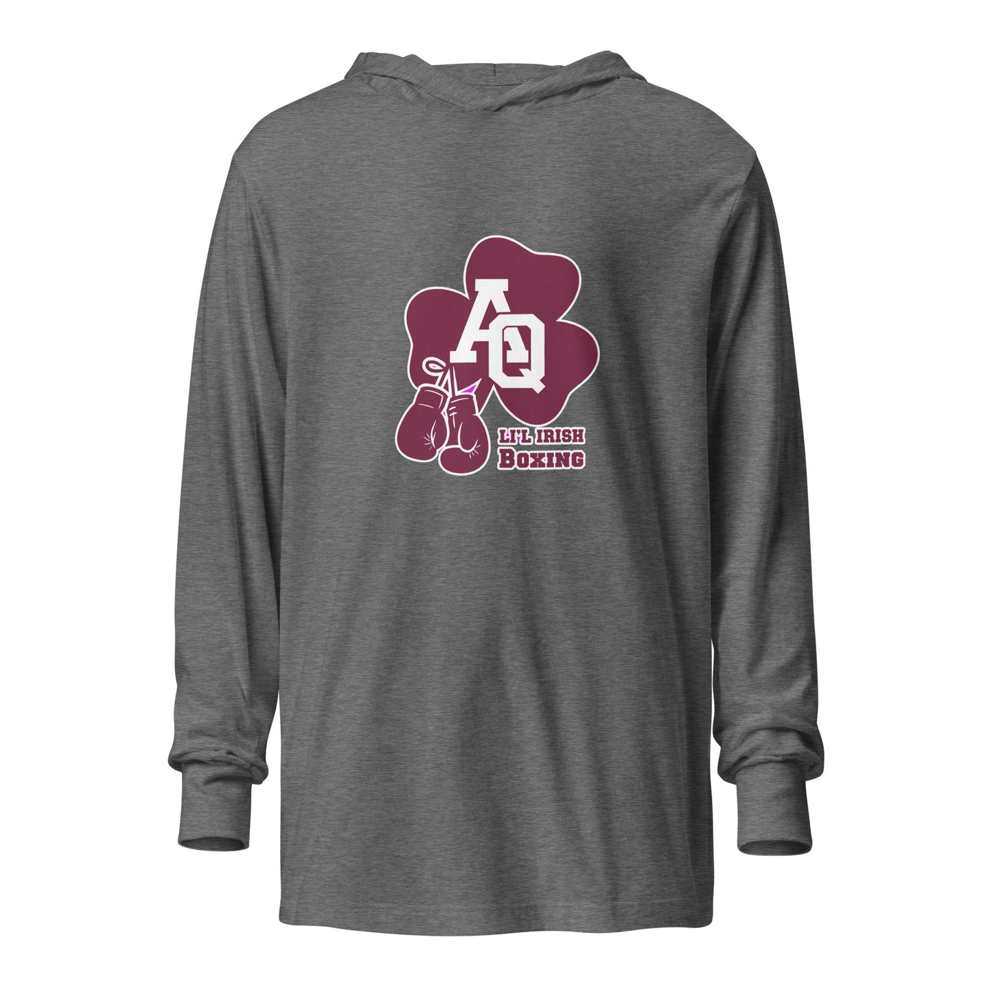Performance | Hooded Long Sleeve T Shirt | Aquinas Li’l Irish Boxing | AQ Shamrock Logo