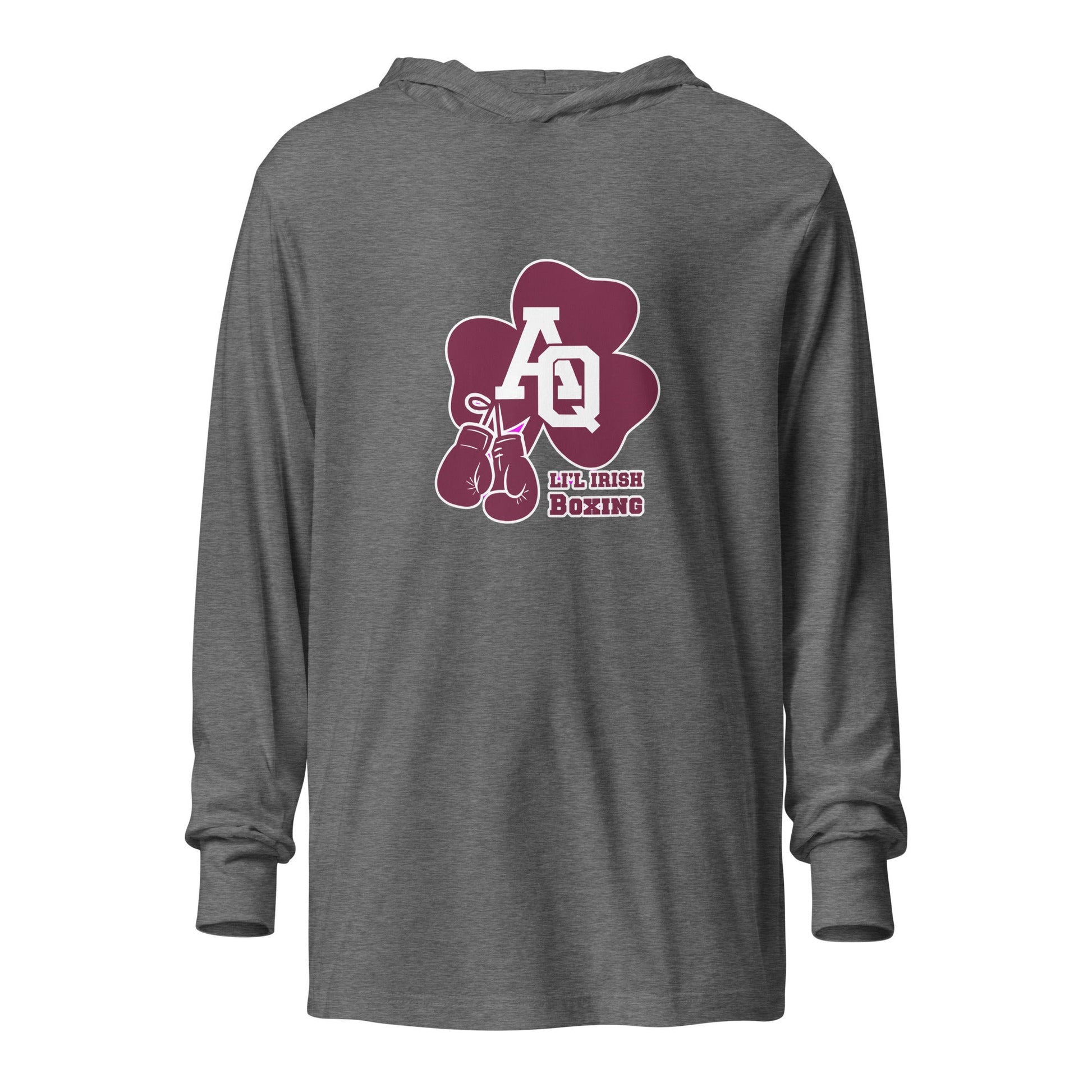 Performance | Hooded Long Sleeve T Shirt | Aquinas Li’l Irish Boxing | AQ Shamrock Logo