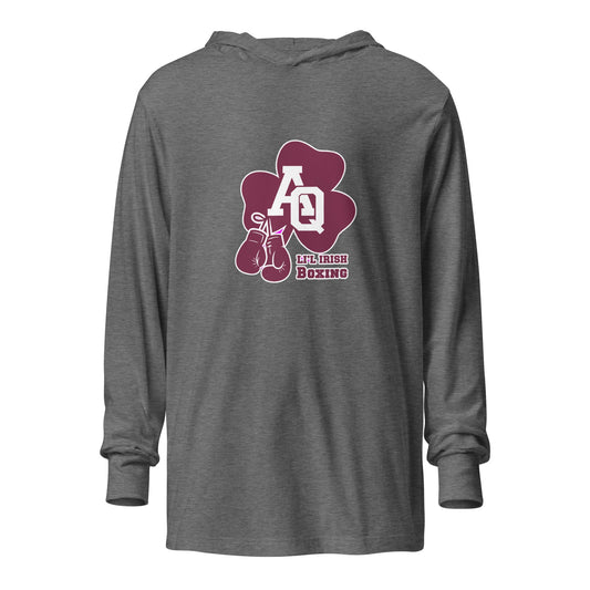 Performance | Hooded Long Sleeve T Shirt | Aquinas Li’l Irish Boxing | AQ Shamrock Logo