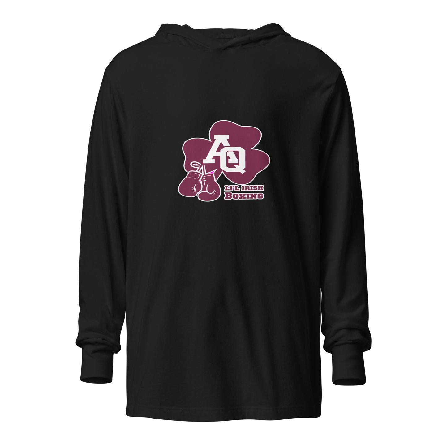 Performance | Hooded Long Sleeve T Shirt | Aquinas Li’l Irish Boxing | AQ Shamrock Logo
