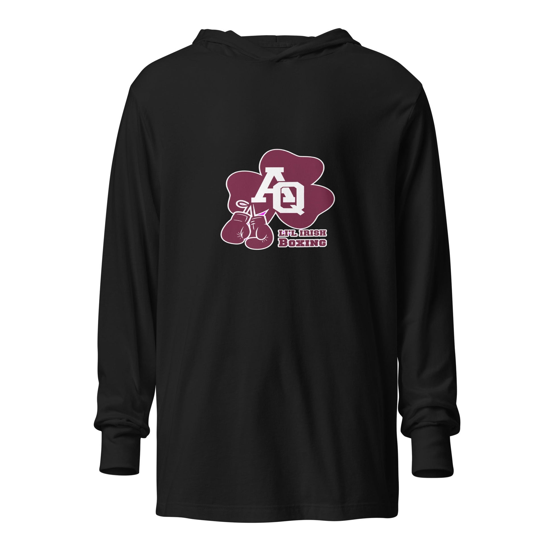 Performance | Hooded Long Sleeve T Shirt | Aquinas Li’l Irish Boxing | AQ Shamrock Logo