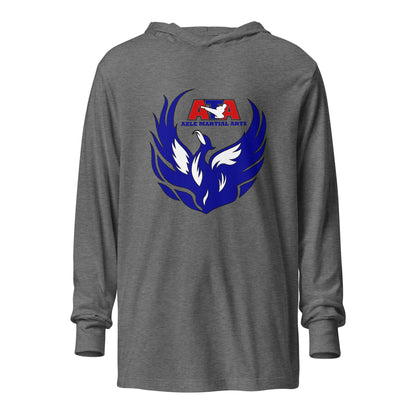 Performance | Hooded Long Sleeve T Shirt | Azle Martial Arts | Blue Fire Crest Logo