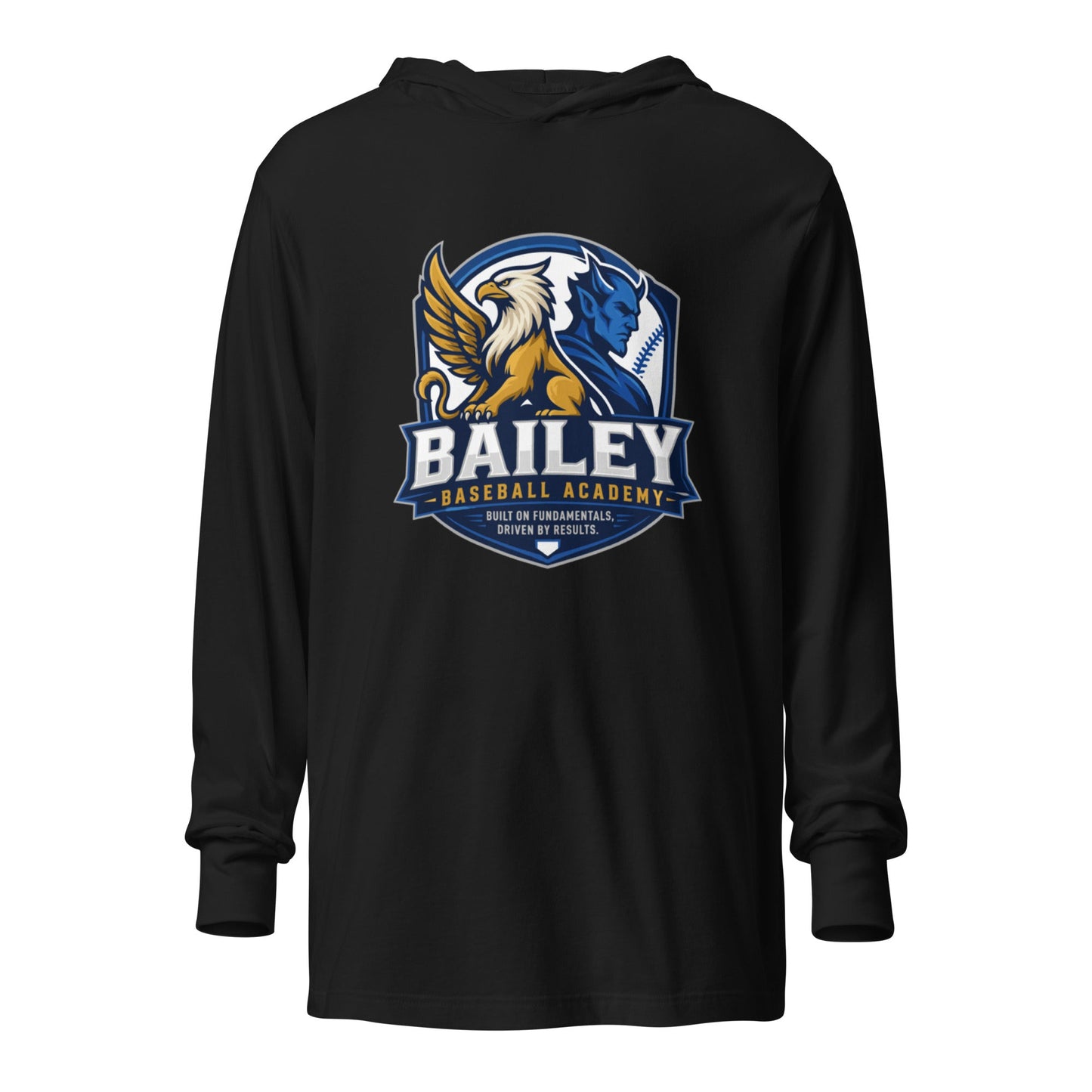 Performance | Hooded Long Sleeve T Shirt | Bailey Baseball Academy | Shield Logo