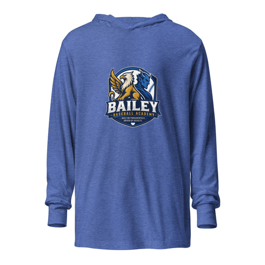 Performance | Hooded Long Sleeve T Shirt | Bailey Baseball Academy | Shield Logo