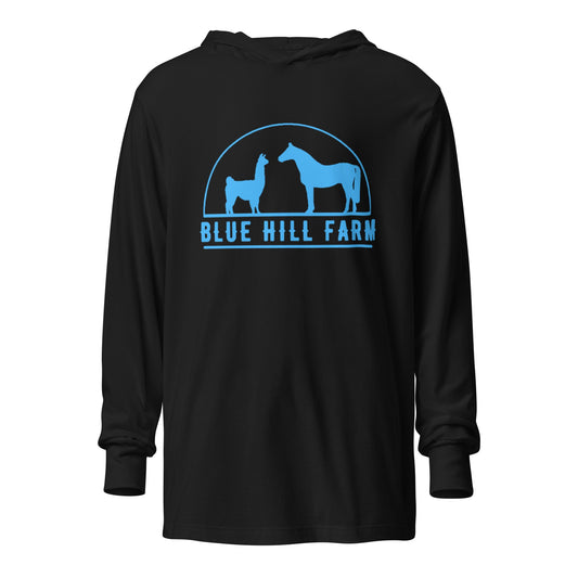 Performance | Hooded Long Sleeve T Shirt | Blue Hill Farm | Emblem Logo